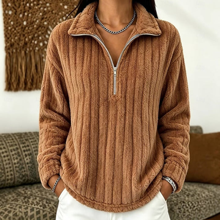 Seraphine quarter-zip ribbed pullover sweater in white, front view
