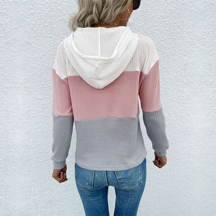 Sienna color block hoodie, back view showing hood and color panels