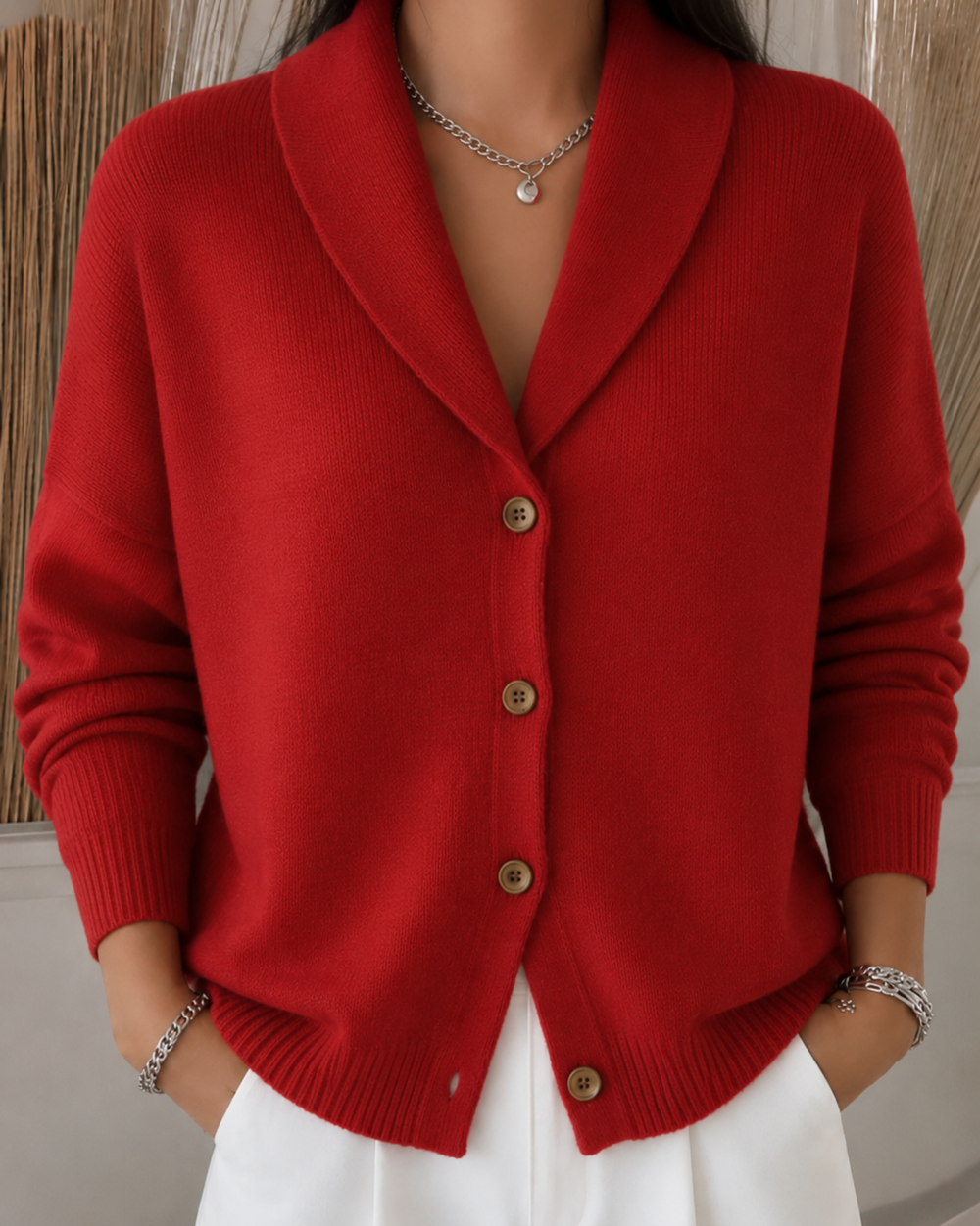 Sienna red button collar cardigan, front view styled with white skirt