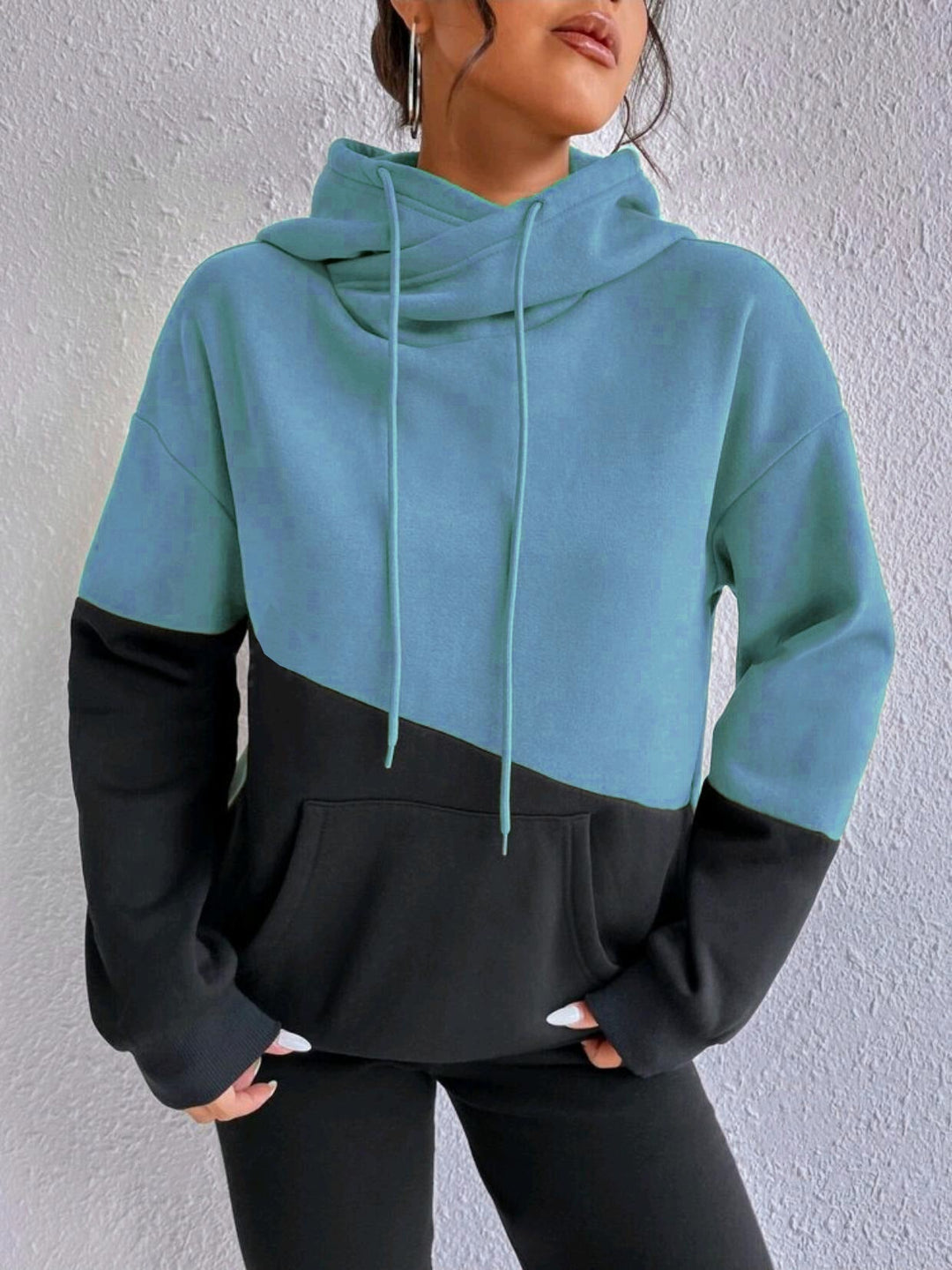 Sienna teal colorblock cowl neck hoodie, front view close-up