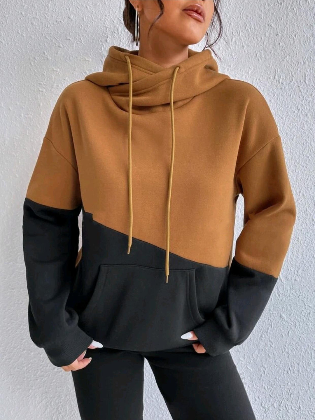 Sienna brown colorblock cowl neck hoodie, front view close-up