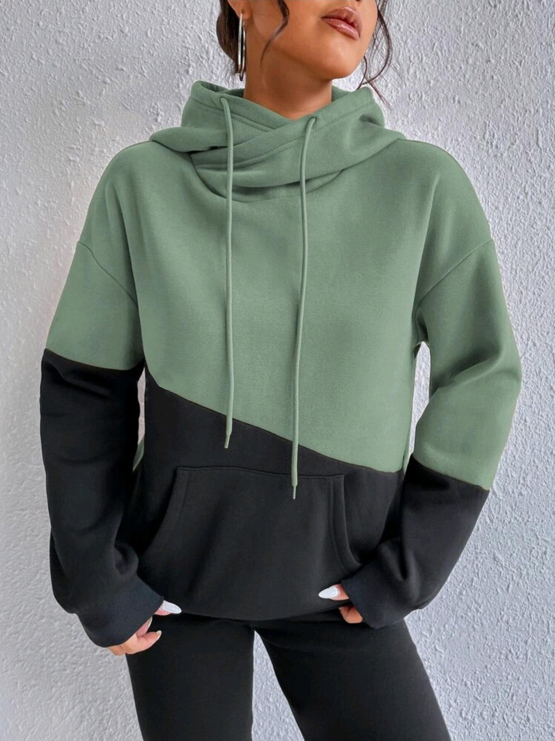 Sienna green colorblock cowl neck hoodie, front view