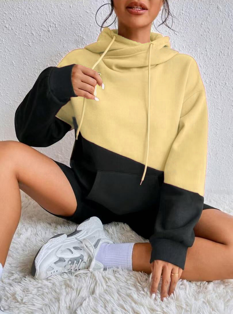 Sienna yellow colorblock hoodie styled with matching shorts, full outfit