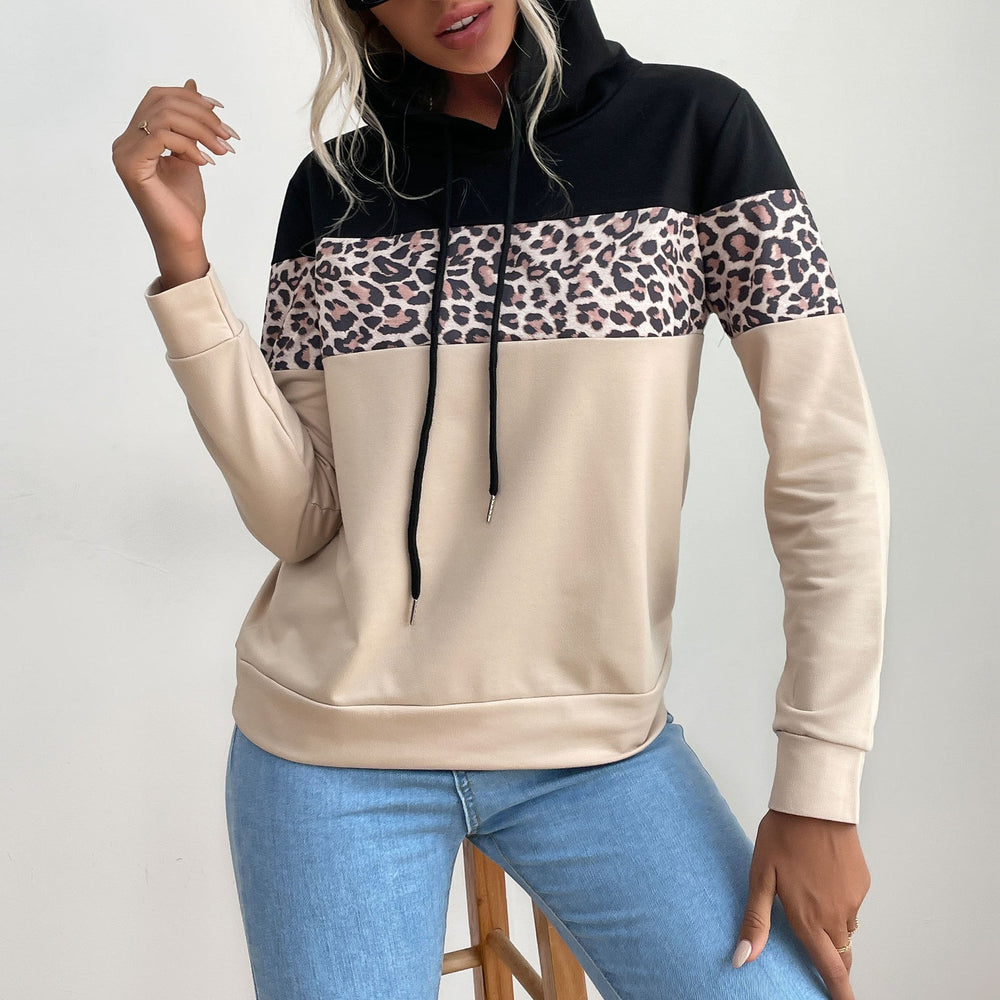 Sienna leopard print hoodie close-up, front detail with drawstring hood
