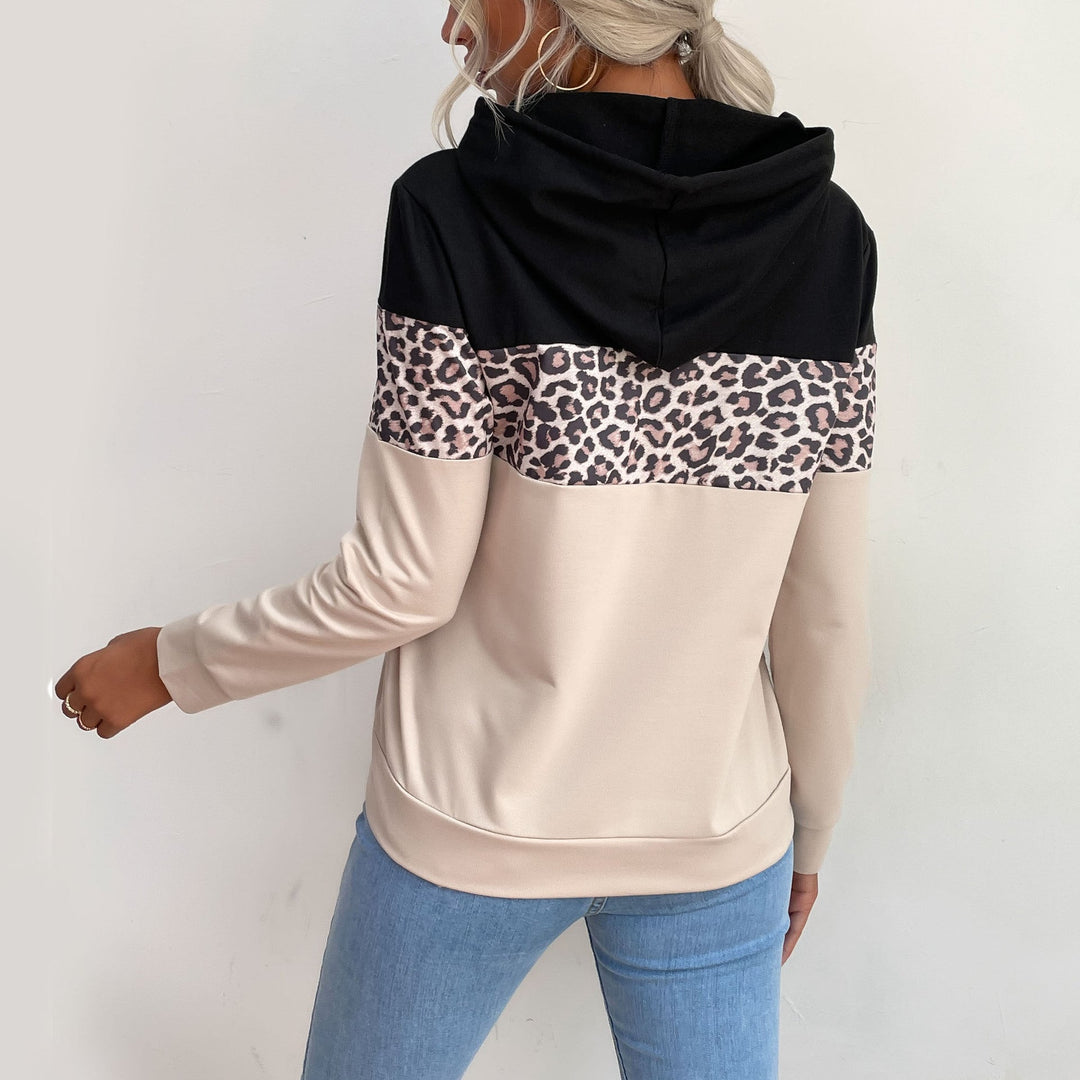 Sienna colorblock hoodie back view showing leopard print panel