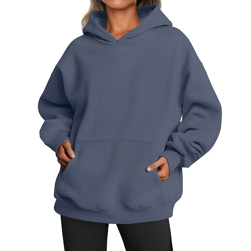 Sienna oversized hoodie with kangaroo pocket, slate blue front view