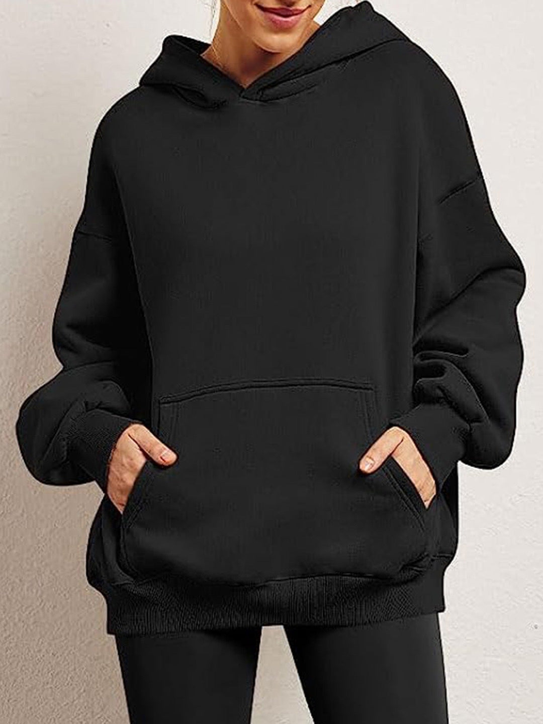 Sienna oversized hoodie with kangaroo pocket, black front view close up