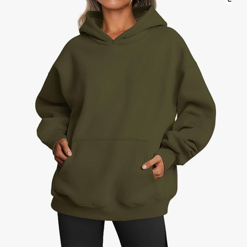 Sienna oversized hoodie with kangaroo pocket, olive green front view