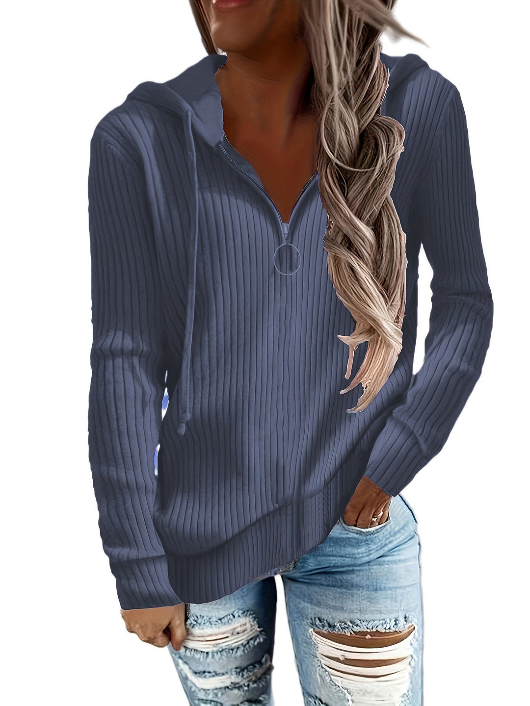 Sienna ribbed quarter-zip hoodie in blue gray, front view with drawstring hood