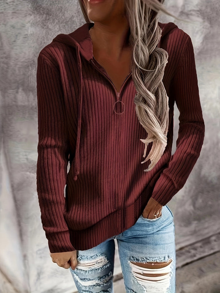 Sienna ribbed quarter-zip hoodie in burgundy, front view