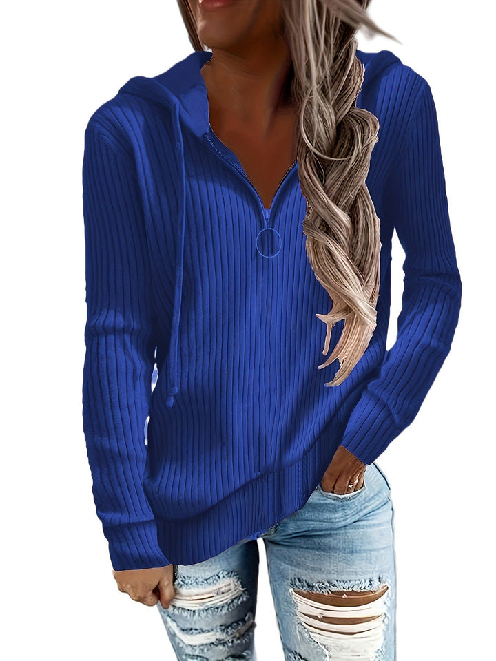 Sienna ribbed quarter-zip hoodie in royal blue, close-up detail