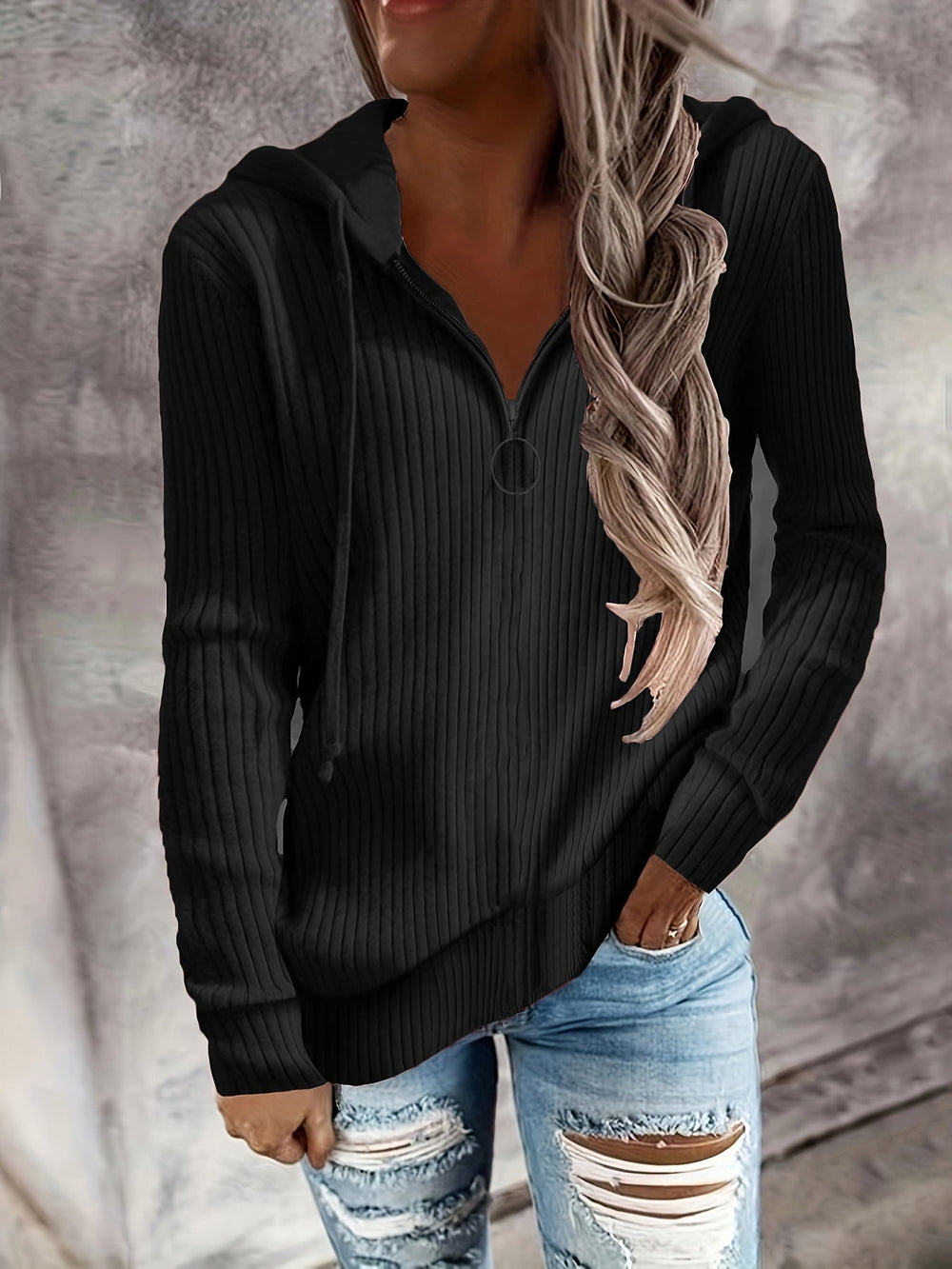 Sienna ribbed quarter-zip hoodie in black, close-up front view