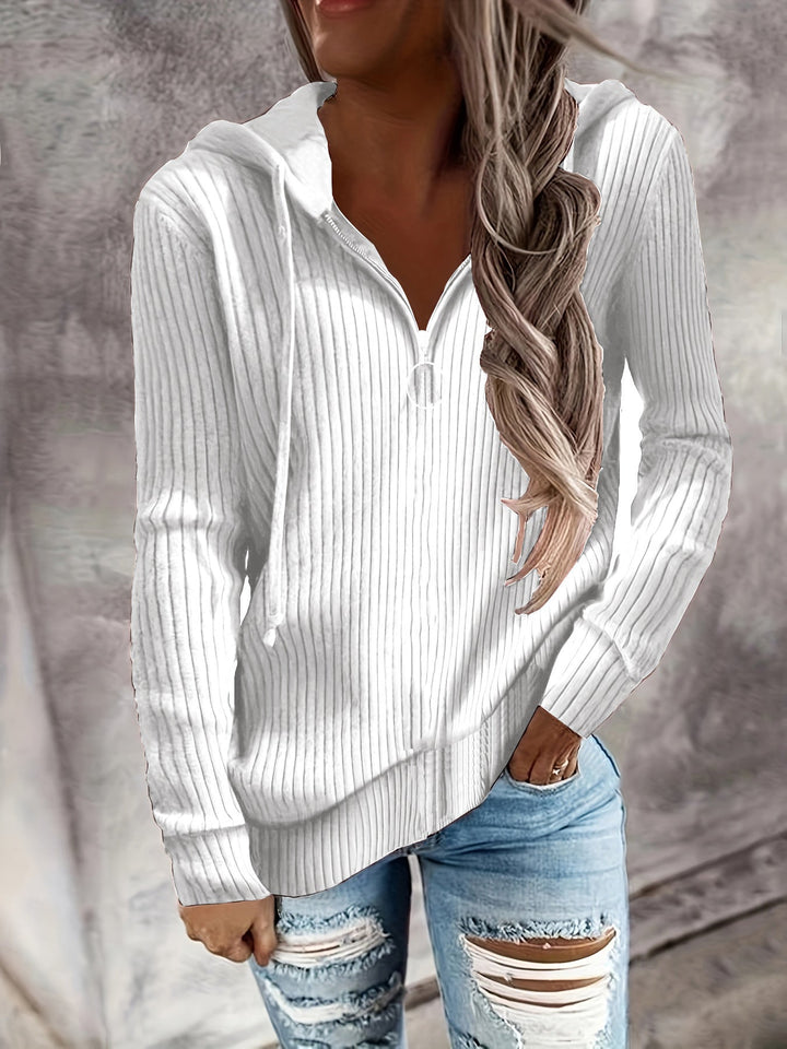 Sienna ribbed quarter-zip hoodie in white, front view with hood