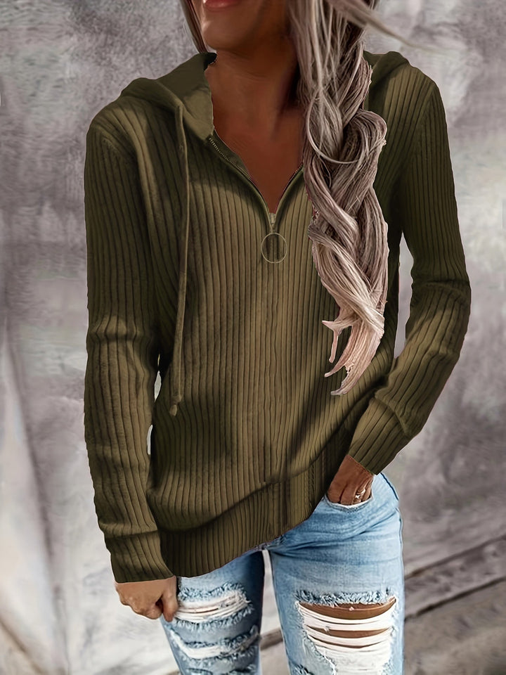 Sienna ribbed quarter-zip hoodie in olive green, front view