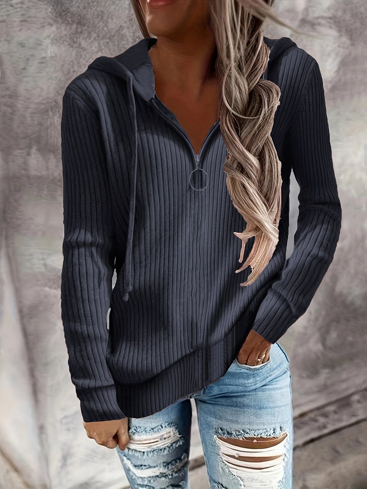 Sienna ribbed quarter-zip hoodie in dark navy, front view