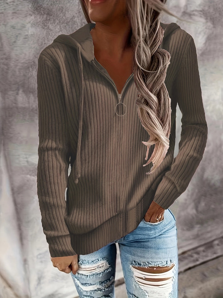 Sienna ribbed quarter-zip hoodie in taupe gray, front view