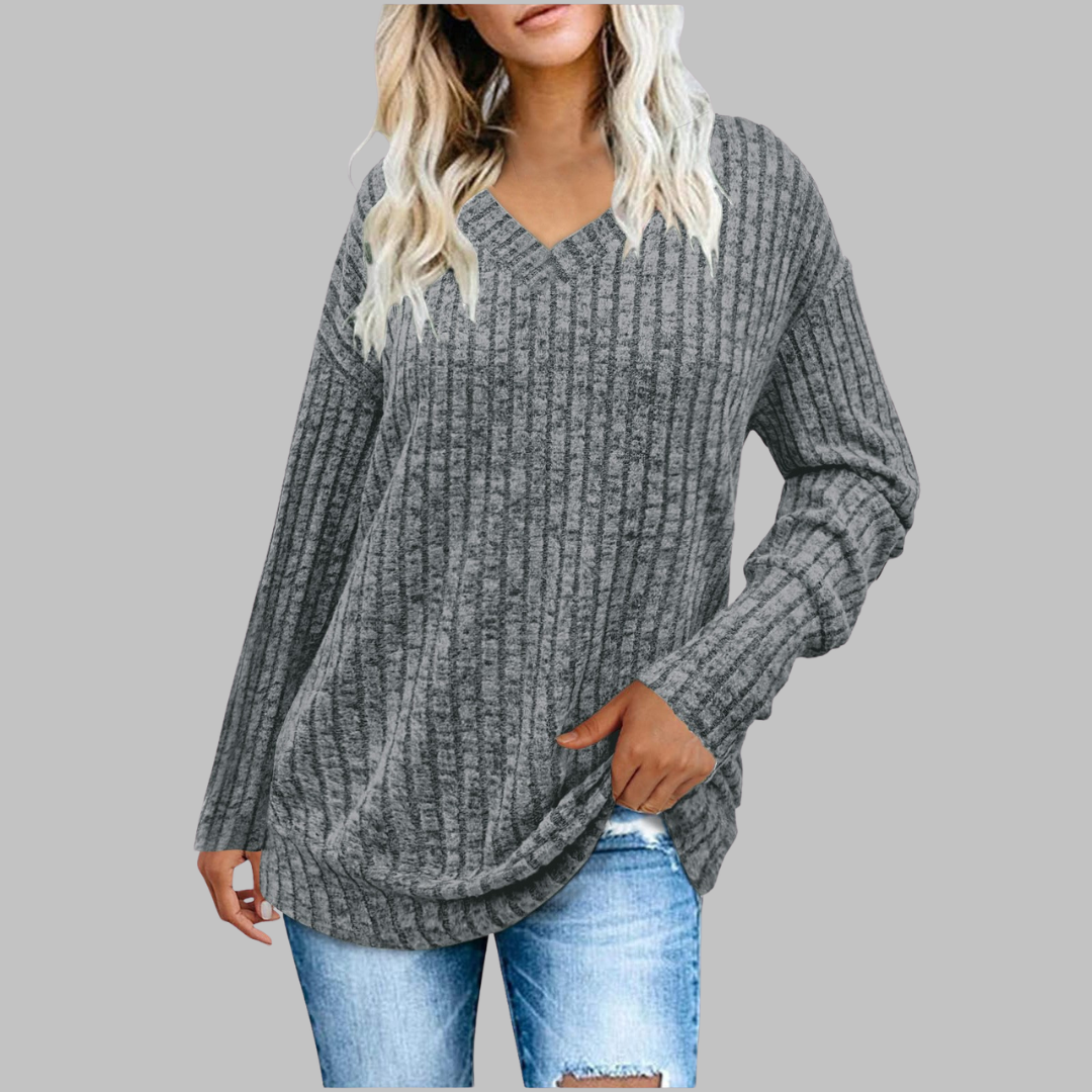 Sienna ribbed V-neck sweater in gray, oversized fit full view