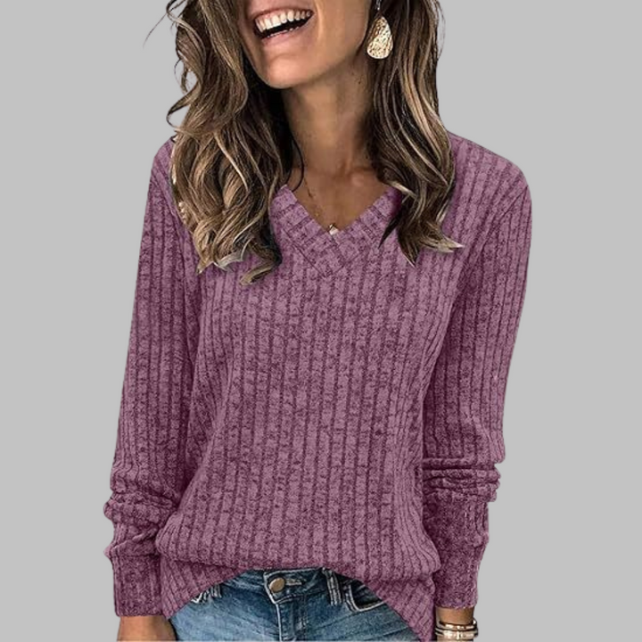 Sienna ribbed V-neck sweater in purple, front close-up view