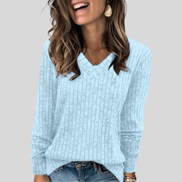 Sienna ribbed V-neck sweater in light blue, front close-up view