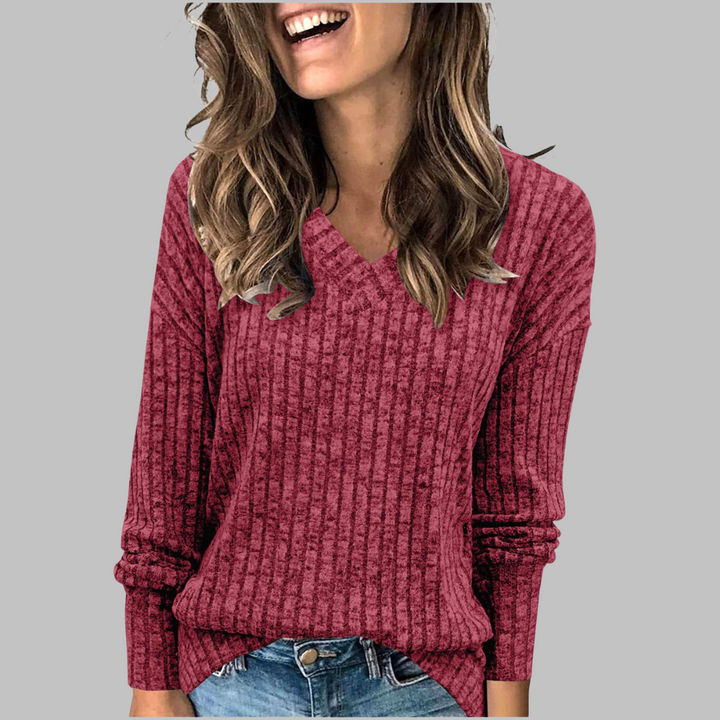 Sienna ribbed V-neck sweater in maroon, front close-up view