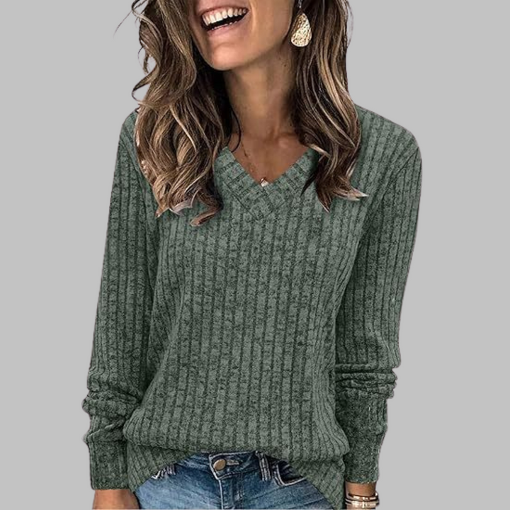 Sienna ribbed V-neck sweater in dark green, front close-up view