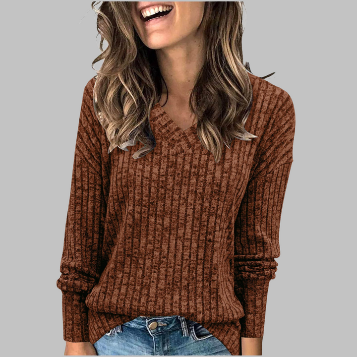 Sienna ribbed V-neck sweater in brown, front close-up view