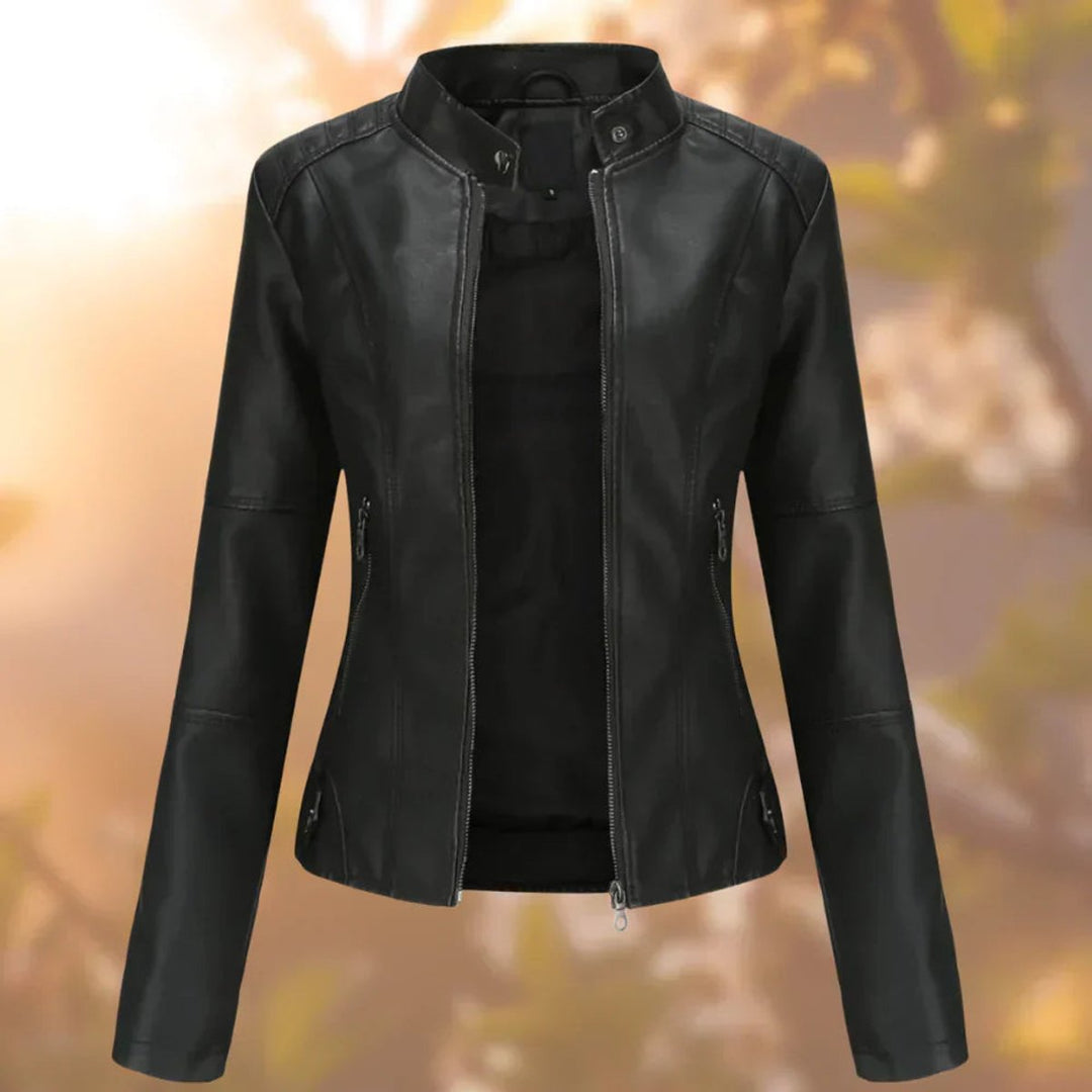 Sienna slim-fit faux leather biker jacket in black, front view with zipper open