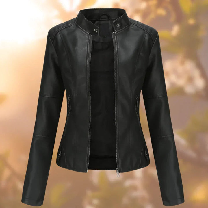 Sienna slim-fit faux leather biker jacket in black, front view with zipper open