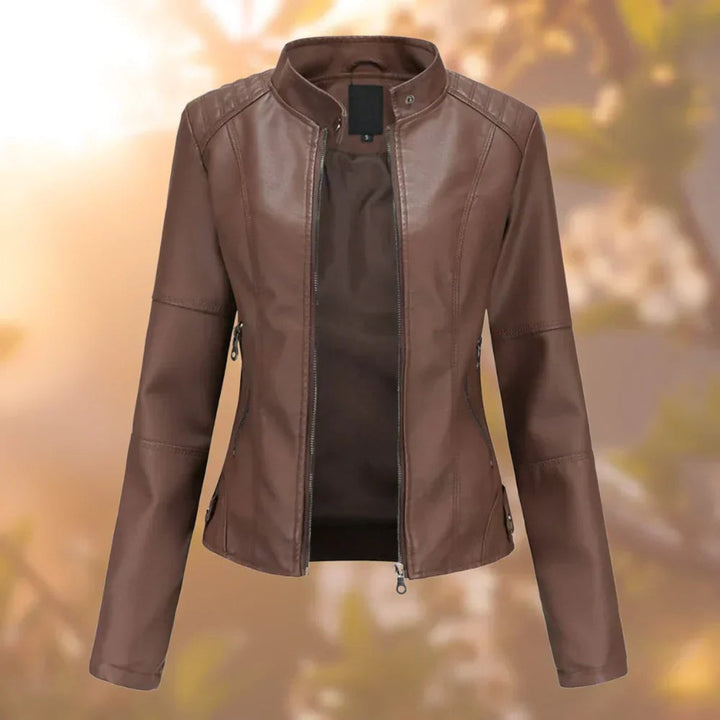 Sienna slim-fit faux leather biker jacket in dark brown, front view with zipper open