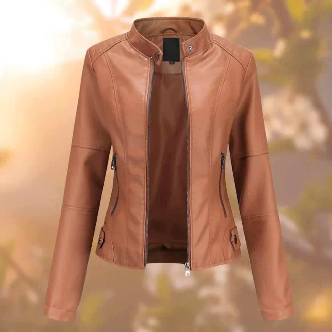 Sienna slim-fit faux leather biker jacket in cognac brown, front view with zipper open