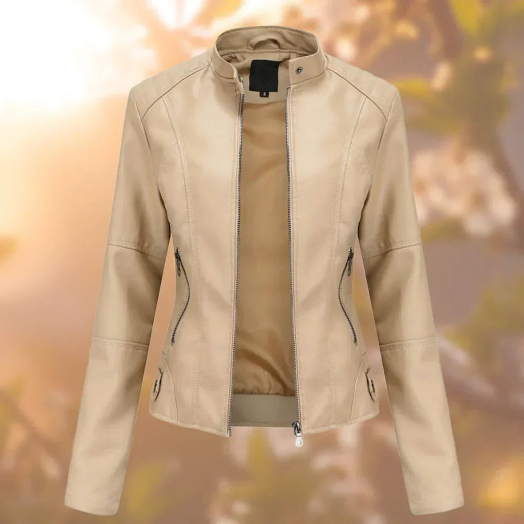 Sienna slim-fit faux leather biker jacket in beige, front view with zipper open