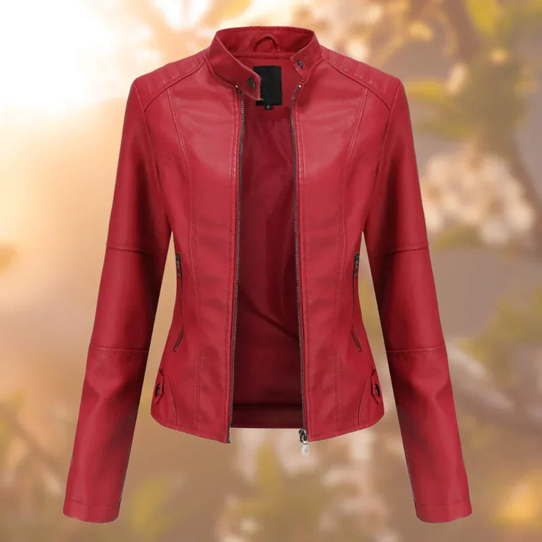 Sienna slim-fit faux leather biker jacket in red, front view with zipper open