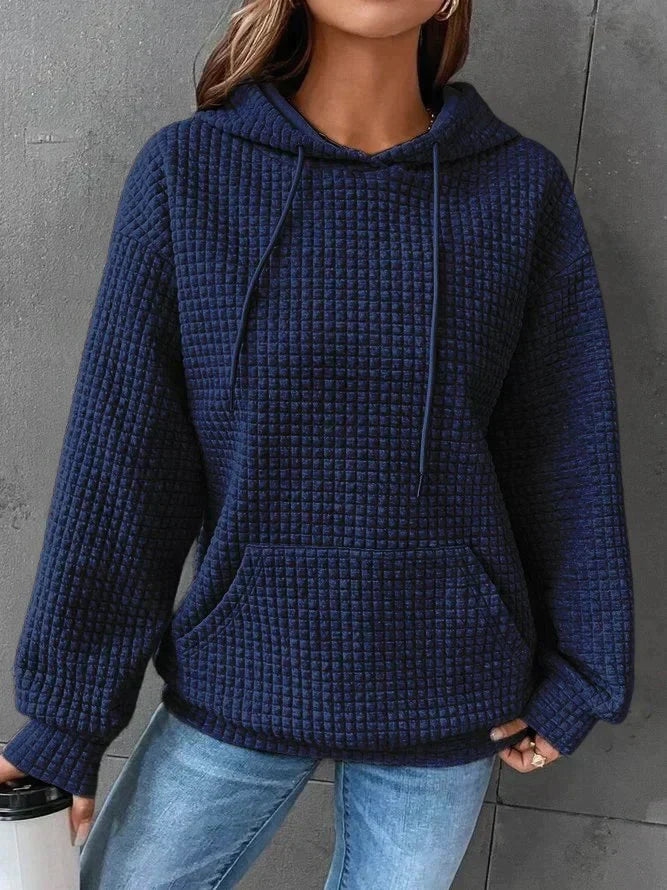 Sienna waffle knit hoodie in navy blue, front view with kangaroo pocket