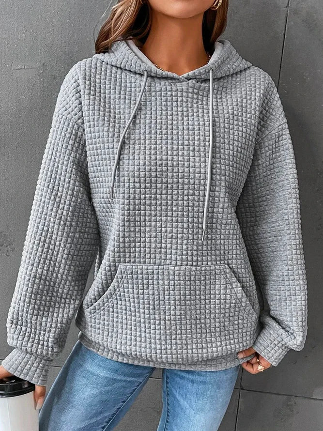 Sienna waffle knit hoodie in gray, close-up front view