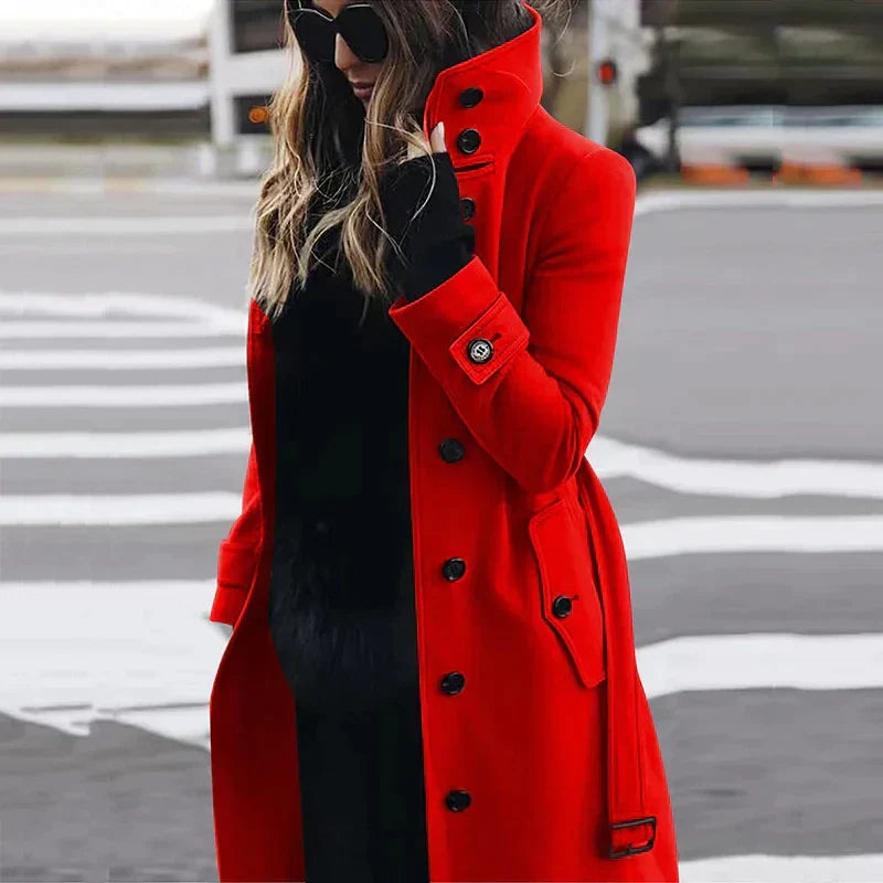 Simone belted trench coat in red, front view on model