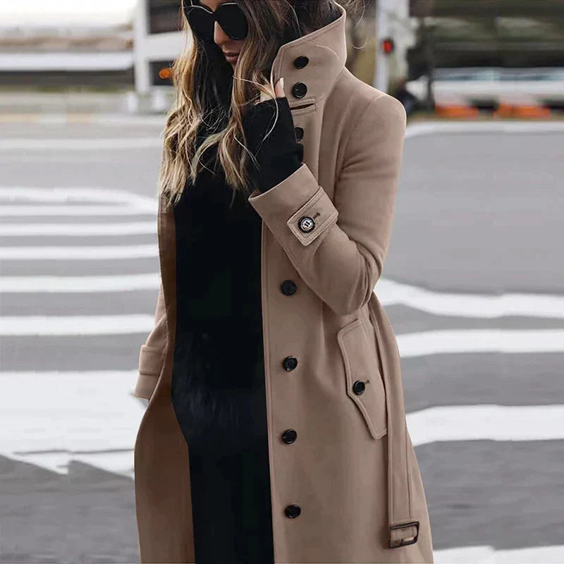 Simone belted trench coat in camel, front view on model