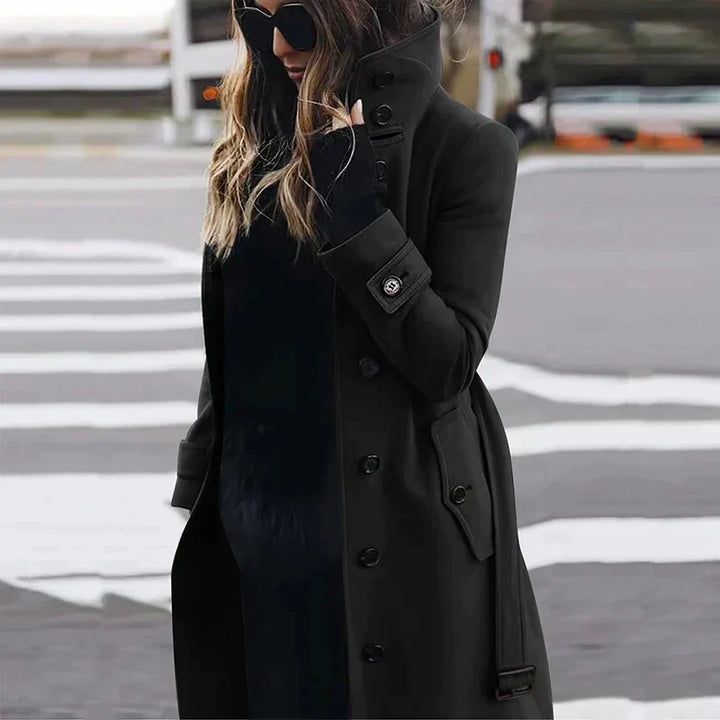 Simone belted trench coat in black, front view on model