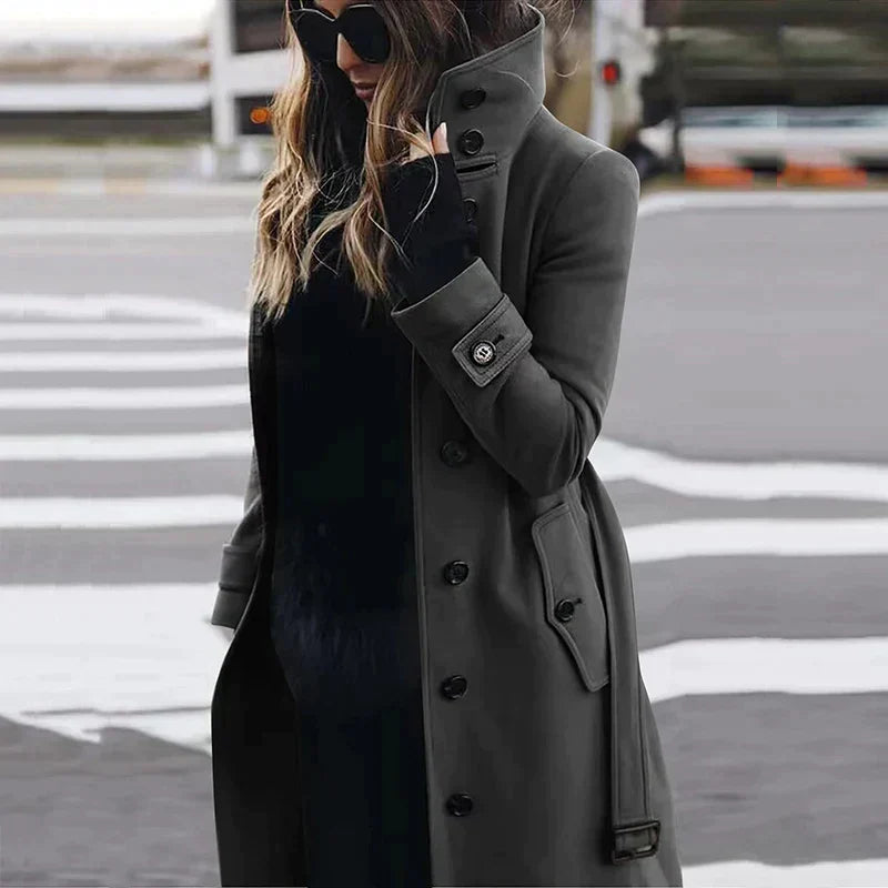 Simone belted trench coat in olive green, front view on model