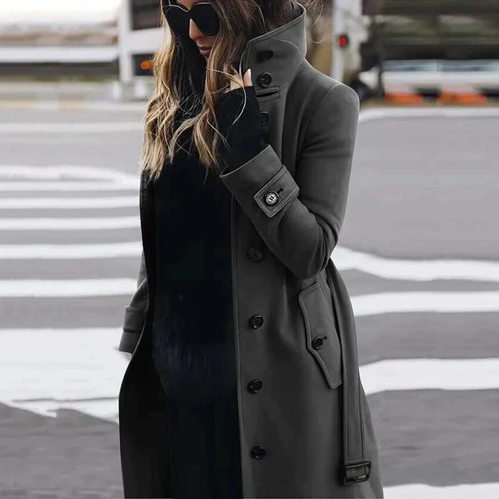 Simone belted trench coat in olive green, front view on model