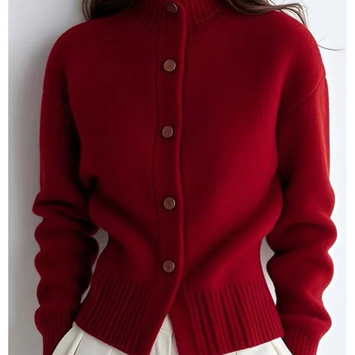 Simone high-neck button cardigan in red, close-up back view of button detail