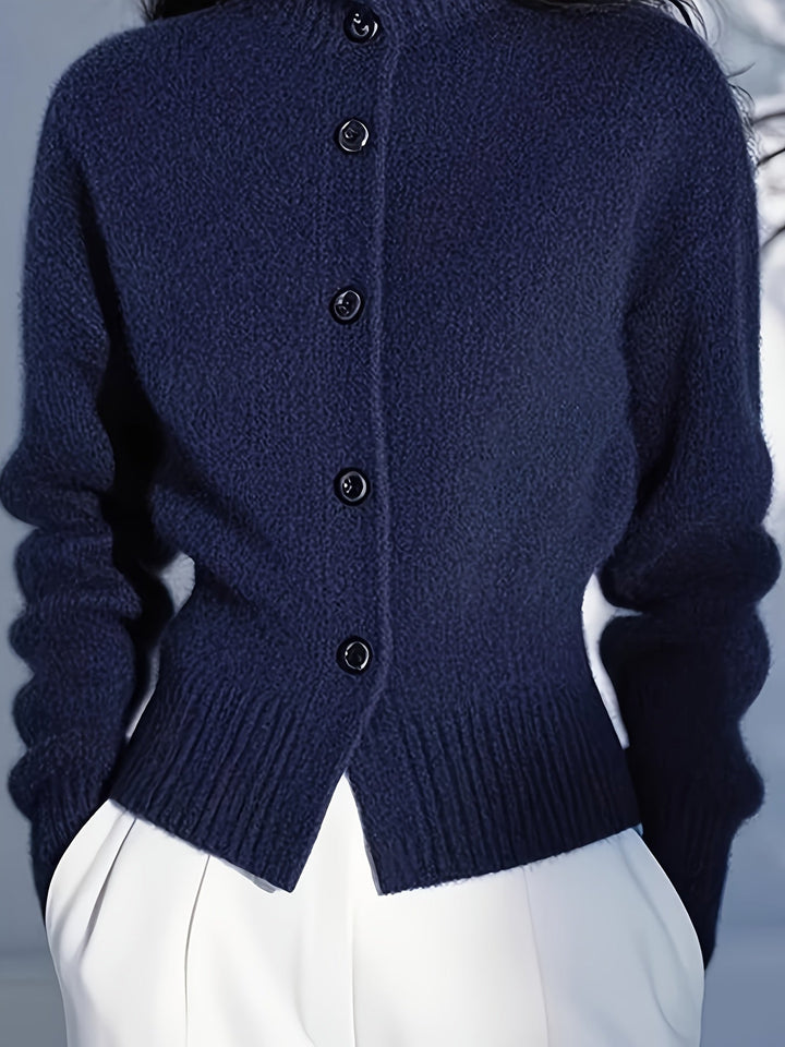 Simone high-neck button cardigan in navy, front view close-up