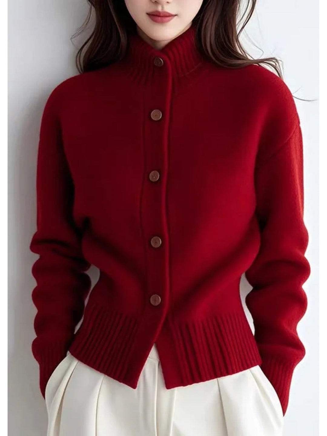 Simone high-neck button cardigan in red, front view on model