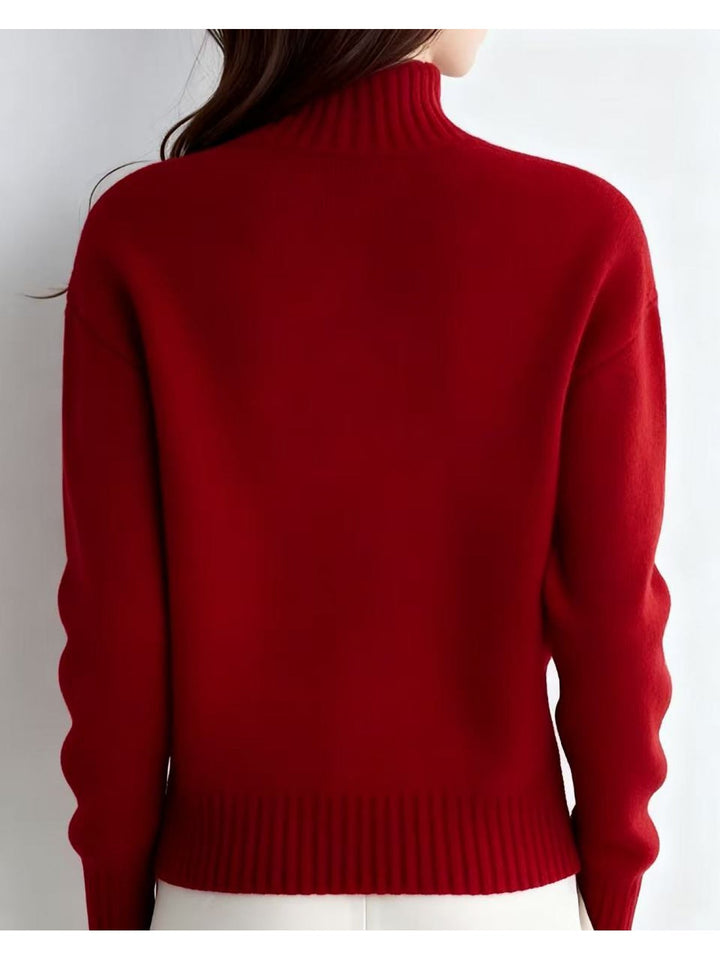 Simone high-neck button cardigan in red, back view showing ribbed hem