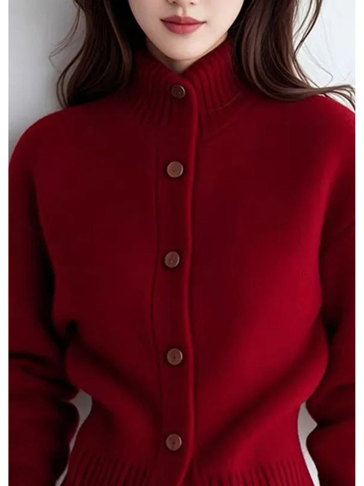 Simone high-neck button cardigan in red, close-up front neckline detail