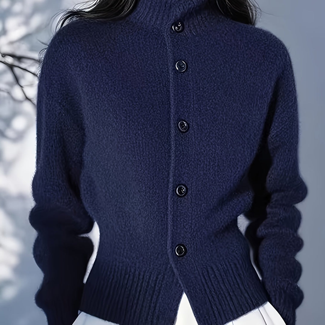 Simone high-neck button cardigan in navy, back view showing button detail