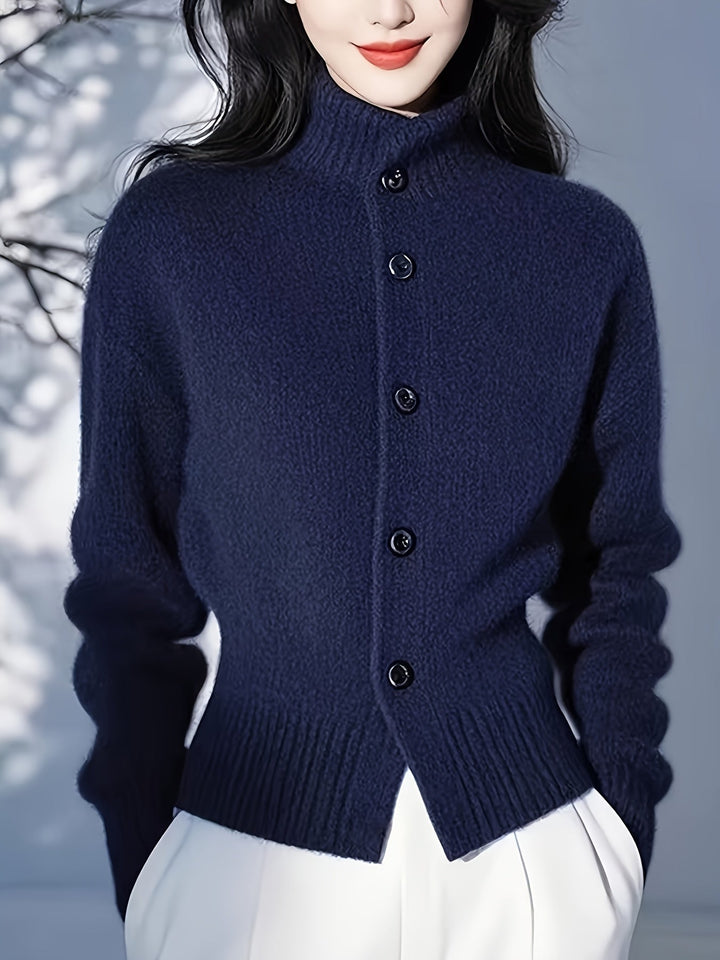 Simone high-neck button cardigan in navy, front view on model