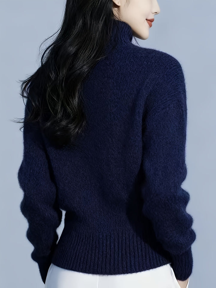 Simone high-neck button cardigan in navy, back view on model