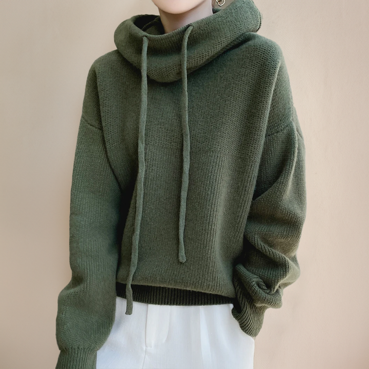 Sloane oversized cowl neck hoodie in olive green, front view with drawstring detail