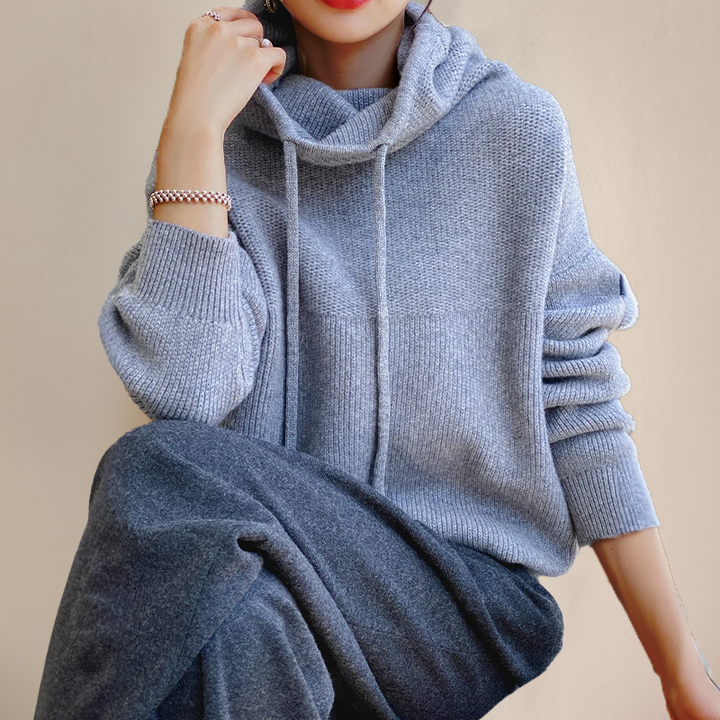 Close-up of Sloane cowl neck hoodie in blue-gray with ribbed cuffs