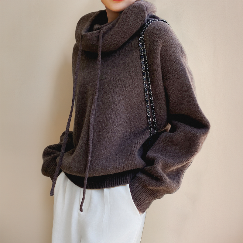 Sloane oversized hoodie in brown, front view with drawstring ties